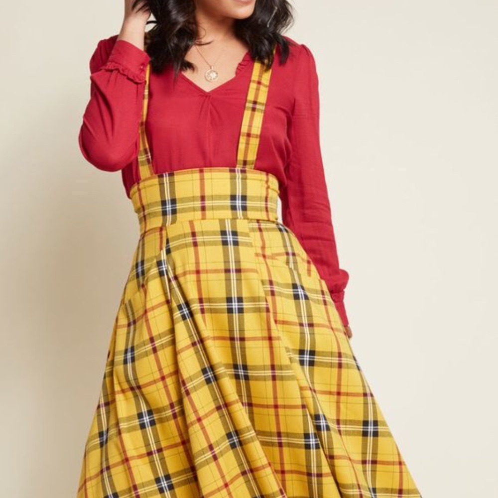 Modcloth Collectif Proper Nostalgia Yellow Plaid Juimper-XXS UK 6